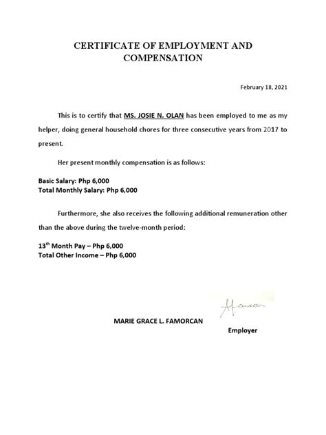certificate of employment and compensation.